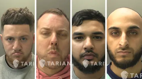 A composite image of four mugshots of people. Across the image is the word Tarian. 