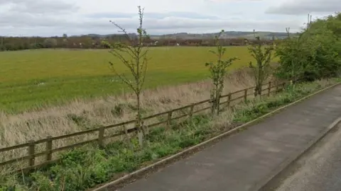 A general view of the green field where the homes would be built. It is next to a road, with a housing estate visible in the distance.