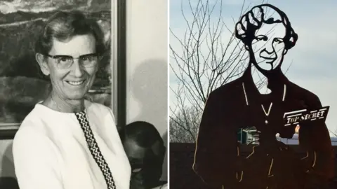 IBCC On the left of the picture is a black and white, post-war photo of Joan, and to the right is a picture of the top part of her steel silhouette, in which she is holding a pen and a clipboard.