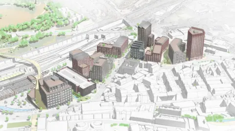 Sheffield Council An artist's impression of how the new station campus could look. It shows several tower blocks and a bridge going over a pencil drawing of Sheffield railway station