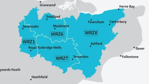 South East Water A map of Kent showing a large area in blue.