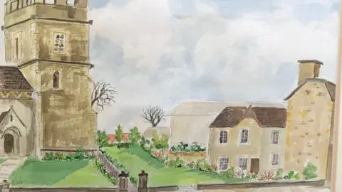 Hilary Jackson A watercolour painting of a church surrounded by grass and plants.