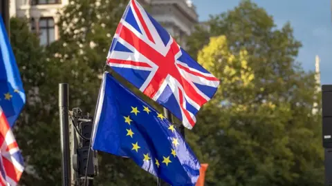A flag pole with an EU flag below a union flag outside during the day time. We can see trees and a building in the background