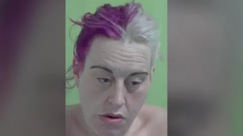 A mugshot of Hayley Williams, a woman with pink and grey hair, she looks down.