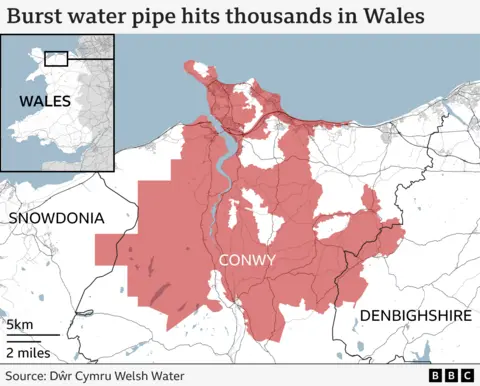 Map showing in red the area affected by the water outage. 