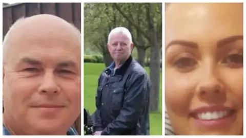 Martin Fulloway/Wye Valley Hospital Trust/West Midlands Ambulance Service A split image showing David Morgan on the right wearing a blue checked shirt in his garden, Jeremy Daw in the centre in a black jacket with white hair and Tammy Minshall on the right.