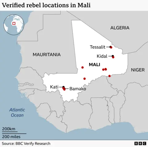 A graphic showing the locations of rebel troops across Mali. 