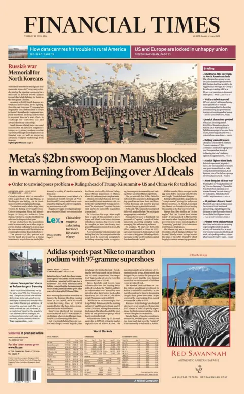 The headline on the front page of the Financial Times reads: "Meta's $2bn swoop on Manus blocked in warning from Beijing over AI deals."