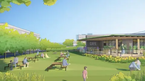 An artist's impression of a park and a café. There are benches on a large green area surrounded by trees. The green space is in front of a single-storey modern cafe building with floor-to-ceiling glass windows. There are people sitting on the benches.
