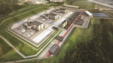 A computer generated image of a power station, consisting of three main building with smaller offshoots on a green field.