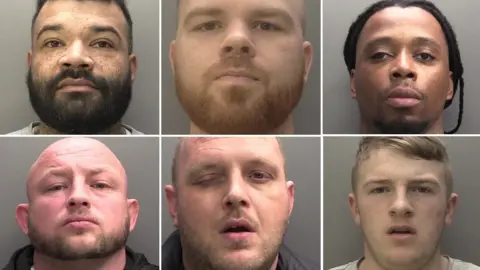 Humberside Police Composite image of custody shots of each of the six defendants. Top row left to right: St Clair, Patrick Smith and Furtado. Bottom row left to right: Windas, Jamie Smith and Gibson.