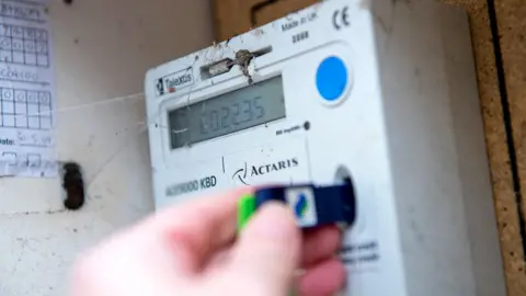 Reuters Close up of a hand inserting a card into a prepayment energy meter. We an see there is a number on the screen. 