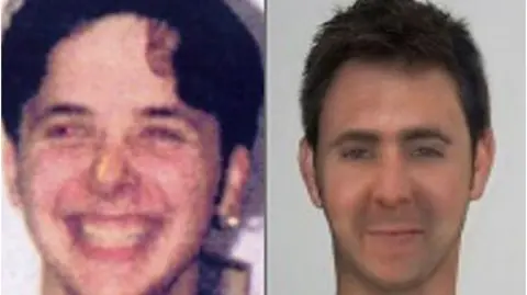 Side by side images of Kenneth Jones - on the left hand side is a head shot of him smiling and laughing as a teenager, on the right hand side is an artist's rendition of how he might look now 