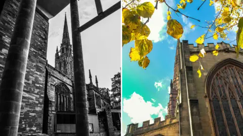 Neil J Catley A black and white image taken from Coventry Cathedral sits next to one of All Souls Church