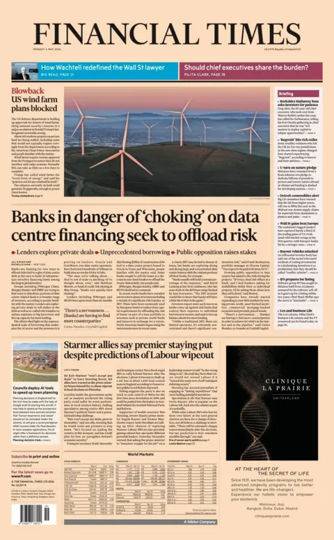 The headline on the front page of the Financial Times reads: "Banks in danger of 'choking' on data centre financing seek to offload risk."