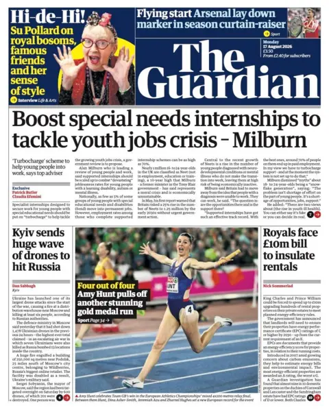 The headline on the front page of the Guardian reads: "Boost special needs internships to tackle youth job crisis - Milburn."