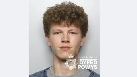 Dyfed-Powys Police A mugshot of a teenager with curly brown hair and hazel eyes. Against a white wall. 