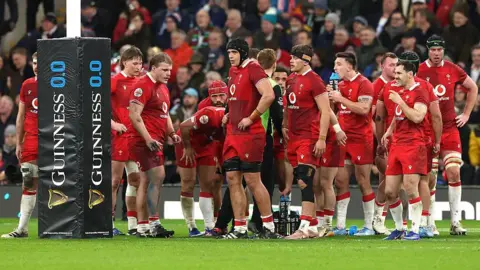 Getty Images Wales players looks dejected during the Guinness Six Nations 2026 match between England and Wales at Allianz Stadium on February 07, 2026 in London, England