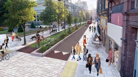 A computer-generated image of Lichfield Street in Wolverhampton. It shows people walking or cycling down a high street with trees and greenery in the middle. A line of shops can be seen on the right with other buildings visible in the distance.