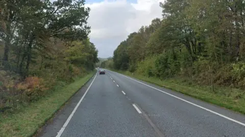 A country road with a black car driving away into the distance. There is thick foliage and trees on both sides of the road.