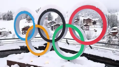 A view of snow-covered Olympic rings in Cortina d'Ampezzo