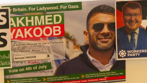 Campaign posters for pro-Gaza candidates in Birmingham. Featuring images of Ahkmed Yakoob and James Giles.