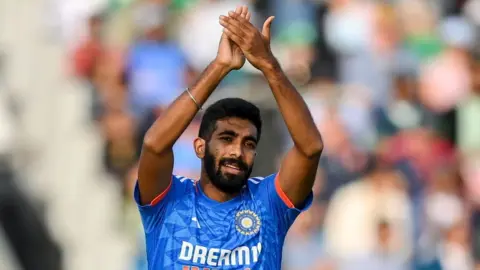 Getty Images Dublin , Ireland - 20 August 2023; Jasprit Bumrah of India during match two of the Men's T20 International series between Ireland and India at Malahide Cricket Ground in Dublin.