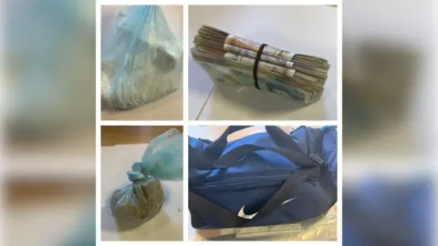 South Yorkshire Police Police photos of the blue Nike holdall and its contents, including cocaine and heroin in blue plastic bags, and a wad of cash wrapped in a band.