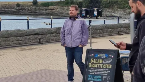 James Corden was also pictured on the set on Barry Island seafront