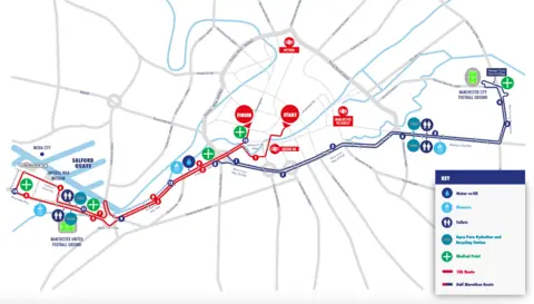 Great Manchester Run A map showing both routes, the start and finish points, and marking out area for toilets, showers, medical aid stations, and local landmarks, including Manchester United football ground .