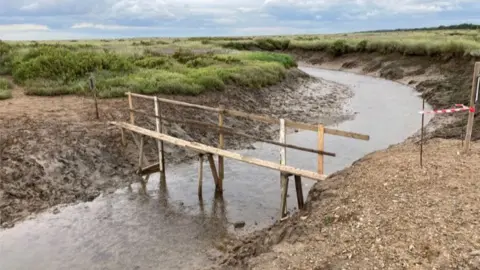 Jill Bennett/BBC Makeshift marshland bridge at Stiffkey