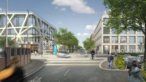 Medway Council CGI rendering of modern office buildings and trees next to a road