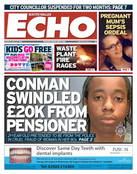 South Wales Echo Front page of the South Wales Echo. The headline reads 'conman swindled £20K from pensioner', with an image of the man. It is a police mugshot.