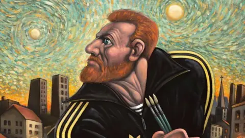 A painting of Vincent Van Gogh in a muscular style wearing a black and gold Adidas tracksuit. He is holding three paintbrushes and is looking over his right shoulder. The background echoes Van Gogh's Starry Night with two suns.