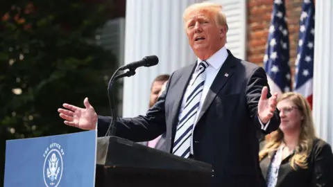 Getty Images Donald Trump announcing a class action lawsuit against big tech companies at the Trump National Golf Club Bedminster on July 07, 2021 in New Jersey.