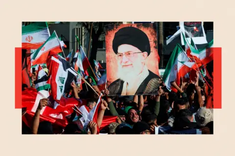 Reuters A rally with flags and posters of Iran's Supreme Leader