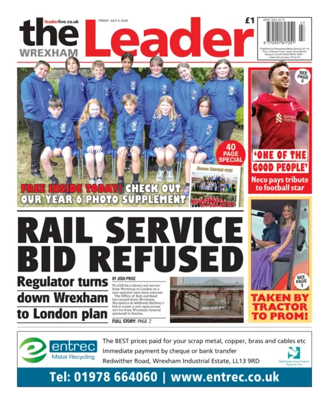 The Wrexham Leader Front page of the Wrexham Leader. Main headline reads: Rail service bid refused: Regulator turns down Wrexham to London plan. There is a photo on the top with school children in a blue uniform. On the right-hand side there is a photo of Diogo Jota, with the headline "one of the good people" with the sub-head Nico pays tribute to football star, under that is a photo of a girl in a purple dress with the headline "taken by tractor to prom!"