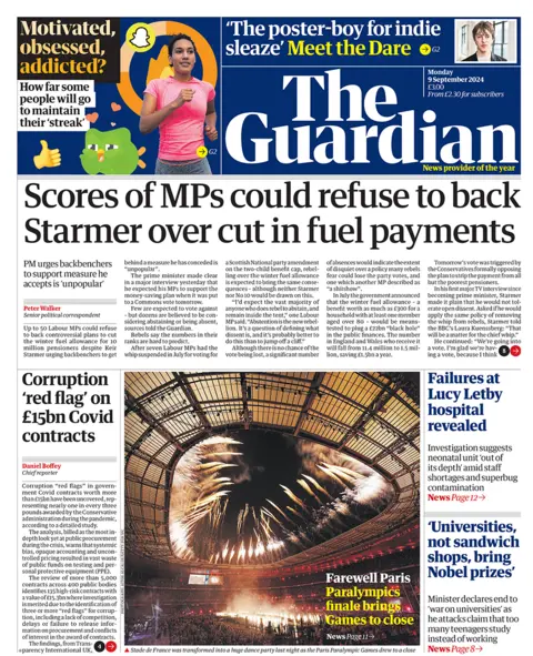 The Guardian headline reads "scores of MPs could refuse to back Starmer over cut in fuel payments"