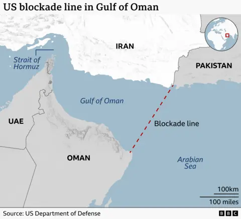 A map showing the US blockade line which runs south-west from Iran's land border with Pakistan to the tip of the Omani coast