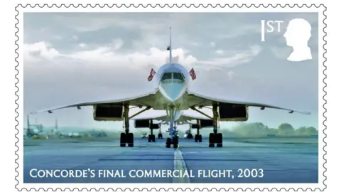 A postage stamp with a front view of a Concorde on a runway. The aircraft has Union Jacks hanging from it. The wording reads "Concorde's final commercial flight". A silhouette of the King's Head is in the right hand corner. 