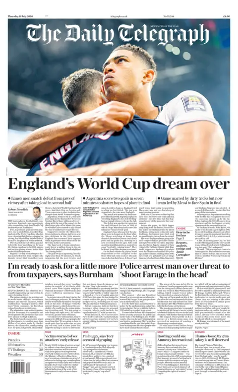 "England's World Cup dream over" reads the headline on the front page of the Daily Telegraph.