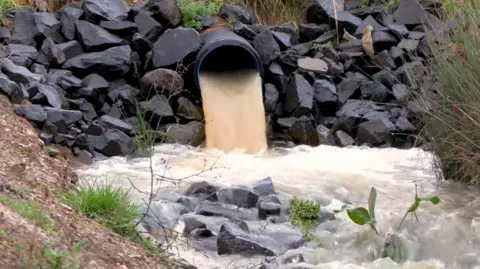 Shropshire Council The photo shows water flowing forcefully out of a large drainage pipe set into a bank of dark rocks. The pipe is positioned slightly above ground level, and a steady stream of light‑brown, muddy water is pouring from it into a small channel below.