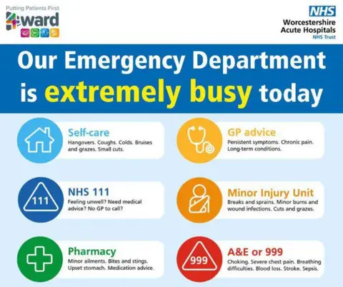 Worcestershire Acute Hospitals NHS Trust A social media post on Twitter tells patients the Emergency department is extremely busy