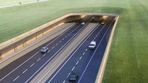 National Highways A computerised image of the A303 tunnel plan, featuring a dual carriageway with cars going under a tunnel. On either side is green grass and there is also a path on the left-hand side on which three pedestrians can be seen walking.
