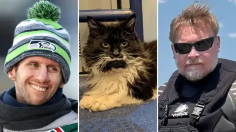 Getty Images/TransPennine Express/Karl Bushby A three-panel collage showing two people on the left and right wearing outdoor clothing and a central image of a black-and-white long-haired cat lying on a blue carpet. On the left is Rob Burrow and on the right is Karl Bushby.