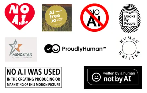 A montage image of lots of different labels and stamps being put on products