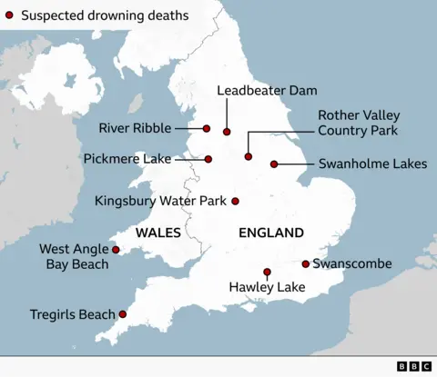 Map showing the locations where people have drowned in the water during the heatwave.