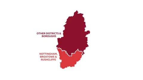 A map of one option to reorganise Nottinghamshire councils