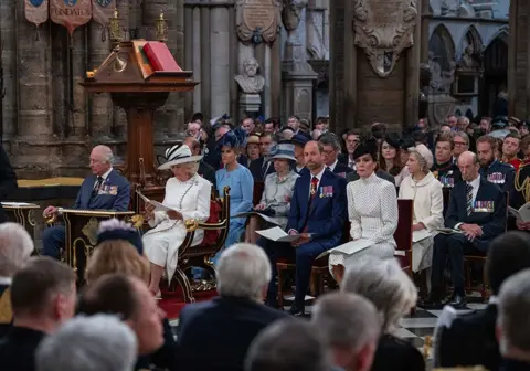 Julian Simmonds/The Telegraph/PA Media (left to right, front row) King Charles III, Queen Camilla, the Prince and the Princess of Wales and (left to right, back row) the Duke and Duchess of Edinburgh, the Princess Royal and Vice Admiral Sir Tim Laurence, the Duke and Duchess of Gloucester and the Duke of Kent attend a Service of Thanksgiving at Westminster Abbey in London on the 80th anniversary of VE
