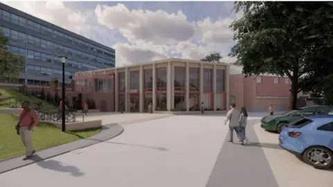 Somerset Council Artist's impression of what the renovated Octagon Theatre will look like. A square building set with a plaza area in front and a garden area to the left.